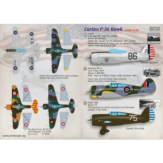1/72 Print Scale Curtiss P-36 Hawk P-36A USAAF Mohawk Mk.IV RAF Hawk 75M T…