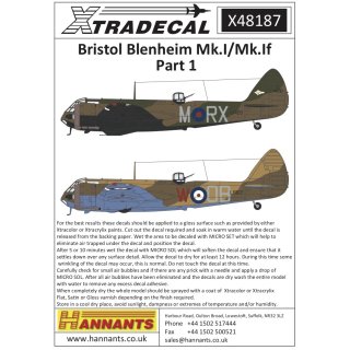 1/48 Xtradecal Bristol Blenheim Mk.I (4) K7078 38 Sqn RAF Wyton 1937 K71…