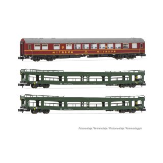 "DR, 3-tlg. Set OSShD Typ B Reisezugwagen „Spree-Alpen-Express"" in grün/roter Lackierung, bestehend aus 1 x WR und 2 x DDm, Ep. IV"