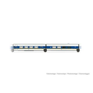 "RENFE, 2-tlg. Ergänzungsset „Talgo 200"" in weiß/blauer Lackierung mit gelbem Streifen, bestehend aus 1 x 1.Klasse Wagen und 1 x Barwagen, Ep. V"