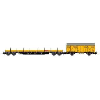 DB Bahnbau, 2-tlg. Set Bauwagen, beinhaltet 1 x Res beladen mit Schwellen sowie 1 x Gs, beide in gelber Farbgebung, Ep. V-VI