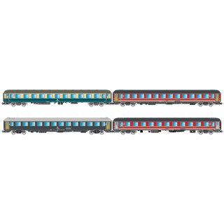 „Italien-Holland-Express“, 4-tlg. Set Reisezugwagen, bestehend aus 1 x DB Bcm 243, in blau/beiger Farbgebung, 1 x FS 2.Kl. UIC-X, in rot/grauer Farbgebung, 1 x FS 2.Kl. UIC-X, in grauer Farbgebung und 1 x FS-Liegewagen UIC-X 68, in rot/grauer Farbgebung,