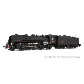SNCF, Schlepptender-Dampflokomotive 141R 568 mit Speichen- und Boxpok-Rädern und genietetem Kohletender, schwarze Farbgebung mit roten Zierlinien, Ep. III