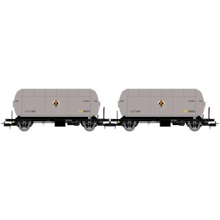 RENFE, 2-tlg. Set 2-achs. Gaskesselwagen PR, „Butano S.A.“, silber-schwarze Farbgebung, Ep. III
